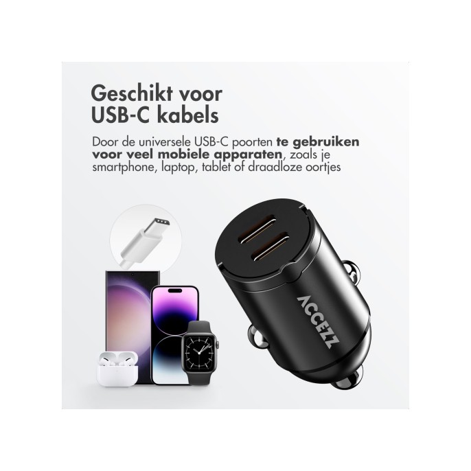 Accezz autolader | snellader met 2 poorten - 2x usb-c 65 watt Accezz autolader | snellader met 2 poorten - 2x usb-c 65 watt