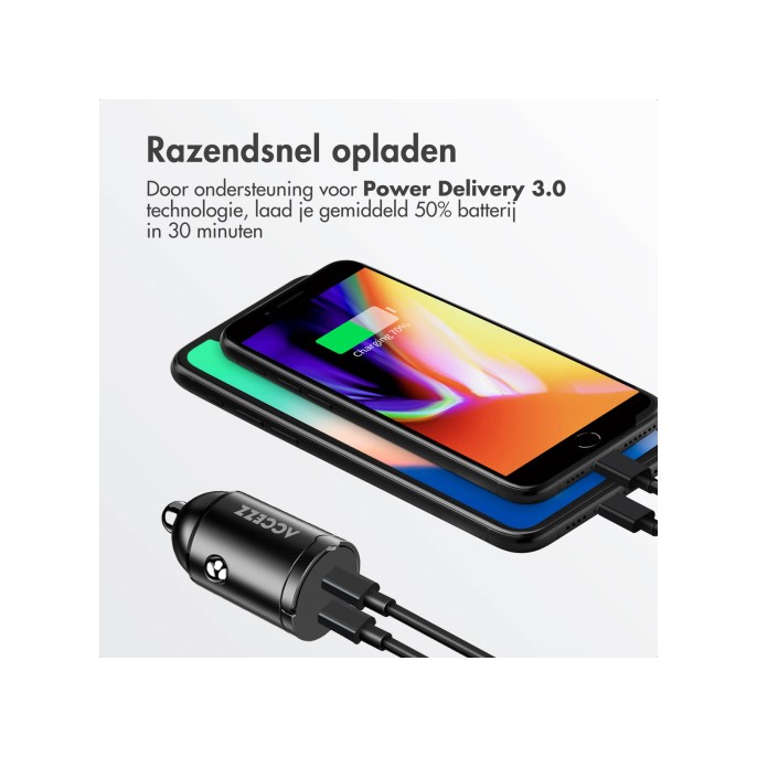 Accezz autolader | snellader met 2 poorten - 2x usb-c 65 watt Accezz autolader | snellader met 2 poorten - 2x usb-c 65 watt