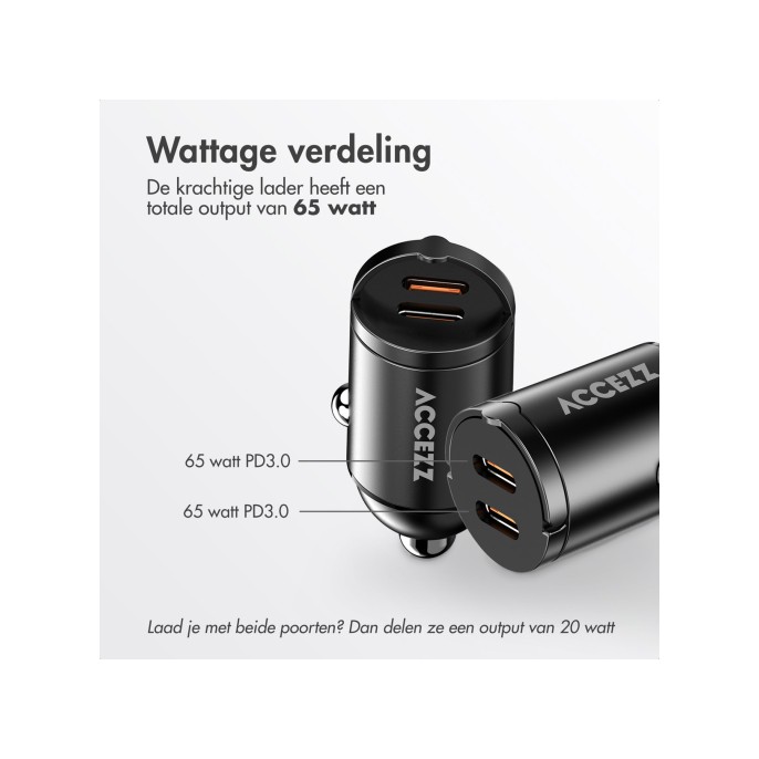 Accezz autolader | snellader met 2 poorten - 2x usb-c 65 watt Accezz autolader | snellader met 2 poorten - 2x usb-c 65 watt