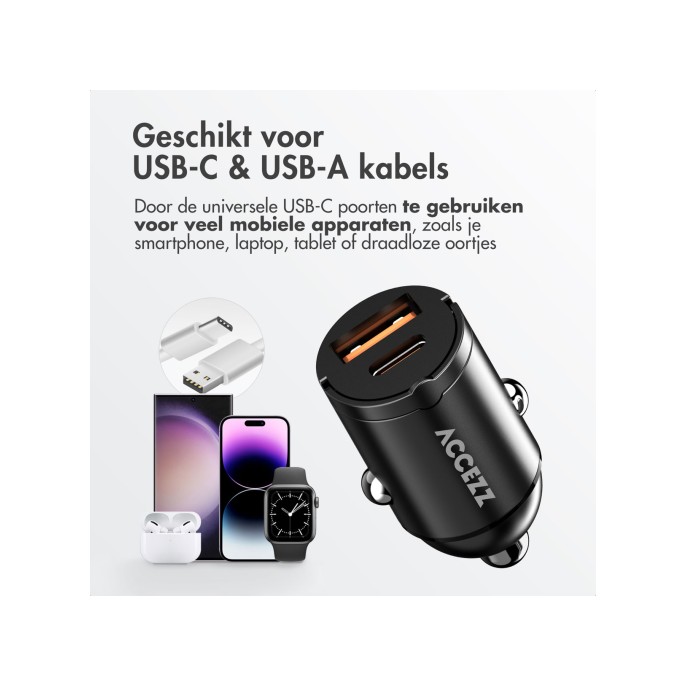 Accezz autolader | snellader met 2 poorten - usb-a 30 watt + usb-c 65 watt - zwart Accezz autolader | snellader met 2 poorten - usb-a 30 watt + usb-c 65 watt - zwart