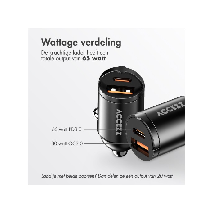 Accezz autolader | snellader met 2 poorten - usb-a 30 watt + usb-c 65 watt - zwart Accezz autolader | snellader met 2 poorten - usb-a 30 watt + usb-c 65 watt - zwart