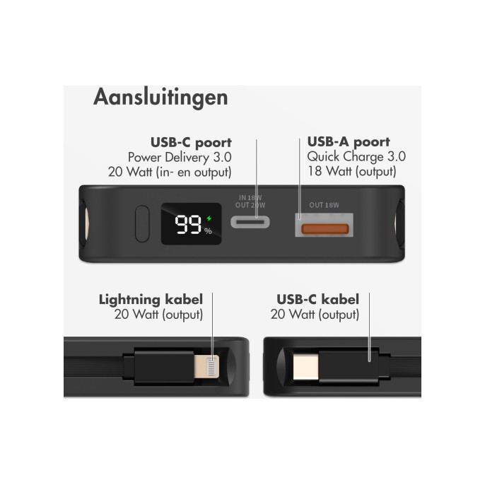 Accezz powerbank 10.000 mah met geïntegreerde kabels - zwart Accezz powerbank 10.000 mah met geïntegreerde kabels - zwart