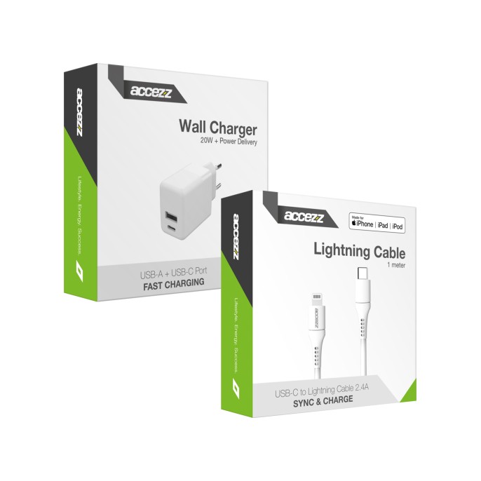 Accezz wall charger met lightning naar usb-c kabel - oplader - mfi certificering - 20 watt - 1 meter - wit Accezz wall charger met lightning naar usb-c kabel - oplader - mfi certificering - 20 watt - 1 meter - wit