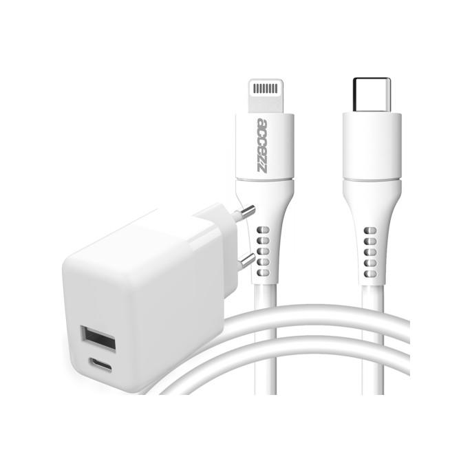 Accezz wall charger met lightning naar usb-c kabel - oplader - mfi certificering - 20 watt - 1 meter - wit Accezz wall charger met lightning naar usb-c kabel - oplader - mfi certificering - 20 watt - 1 meter - wit