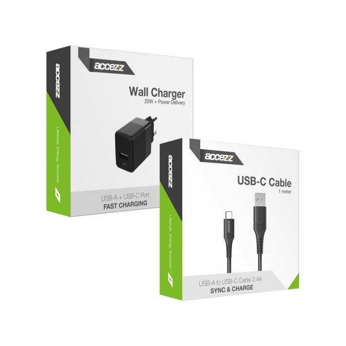 Accezz wall charger met usb-c naar usb kabel - oplader - 20 watt - 1 meter - zwart Accezz wall charger met usb-c naar usb kabel - oplader - 20 watt - 1 meter - zwart