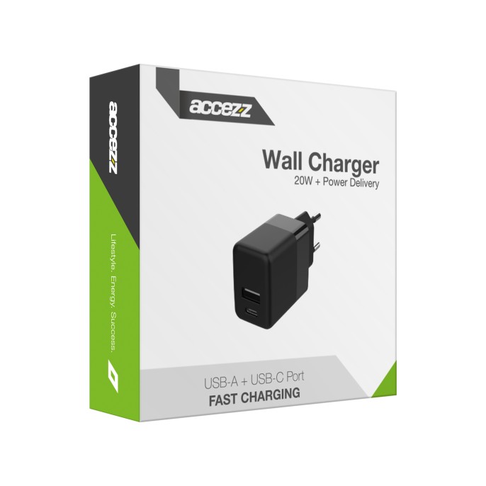 Accezz wall charger - oplader - usb-c en usb aansluiting - power delivery - 20 watt - black Accezz wall charger - oplader - usb-c en usb aansluiting - power delivery - 20 watt - black