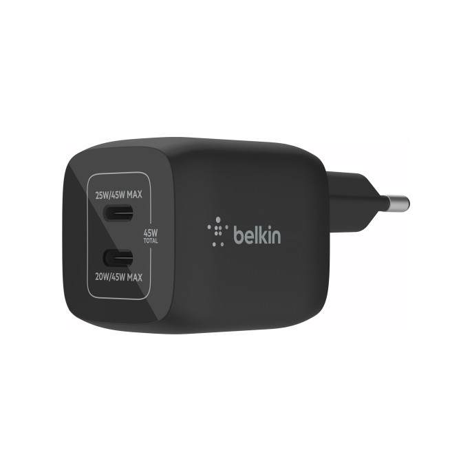 Belkin boost↑charge™ gan pro adapter 2 poorts - usb-c - 45w - zwart Belkin boost↑charge™ gan pro adapter 2 poorts - usb-c - 45w - zwart