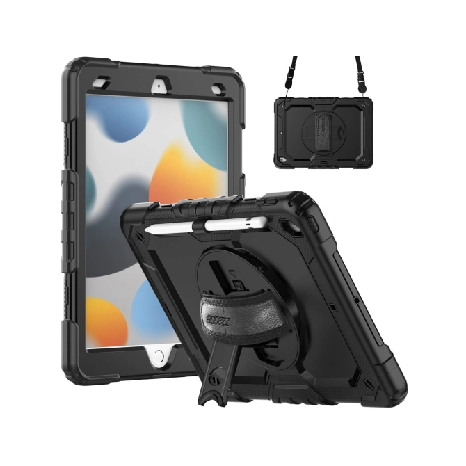 Accezz Rugged Backcover met schouderstrap Apple iPad 9 (2021) 10.2 inch / iPad 8 (2020) 10.2 inch / iPad 7 (2019) 10.2 inch - Zwart
