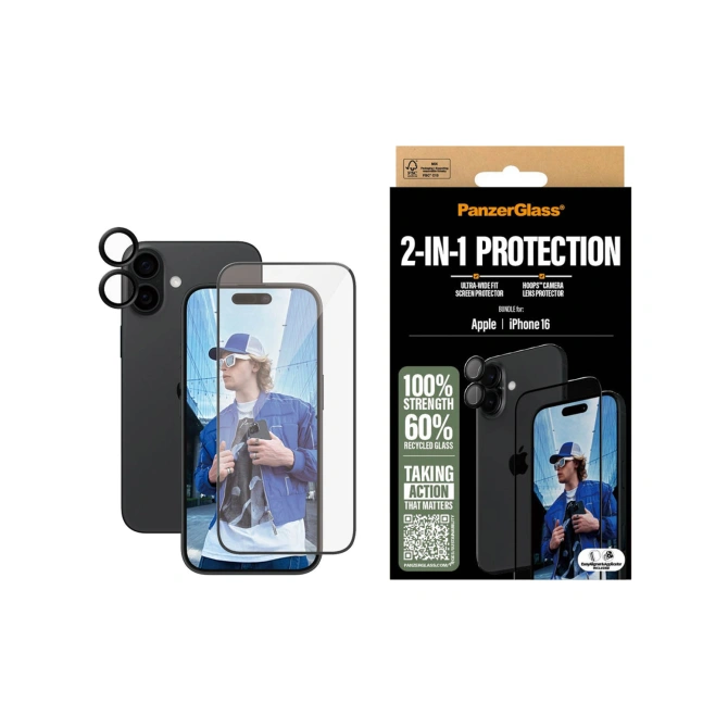 PanzerGlass 2 in 1 pack - Ultra-Wide Fit Anti-Bacterial Screenprotector incl. applicator + Camera Protector Apple iPhone 16