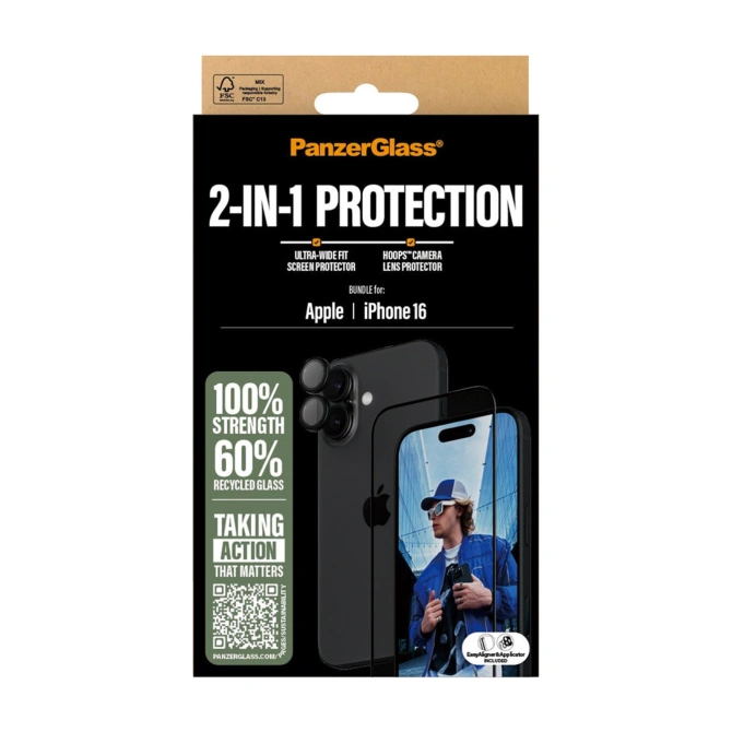 PanzerGlass 2 in 1 pack - Ultra-Wide Fit Anti-Bacterial Screenprotector incl. applicator + Camera Protector Apple iPhone 16