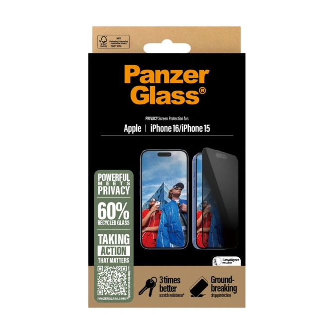 PanzerGlass Privacy Ultra-Wide Fit Anti-Bacterial Screenprotector incl. applicator Apple iPhone 16