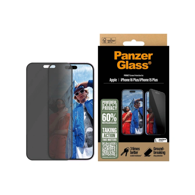 PanzerGlass Privacy Ultra-Wide Fit Anti-Bacterial Screenprotector incl. applicator Apple iPhone 16 Plus