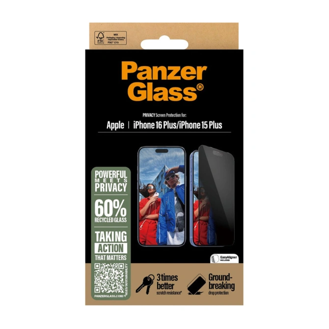 PanzerGlass Privacy Ultra-Wide Fit Anti-Bacterial Screenprotector incl. applicator Apple iPhone 16 Plus