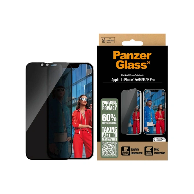 PanzerGlass Privacy Ultra-Wide Fit Anti-Bacterial Screenprotector incl. applicator Apple iPhone 17e / 16e / 14 / 13 / 13 Pro