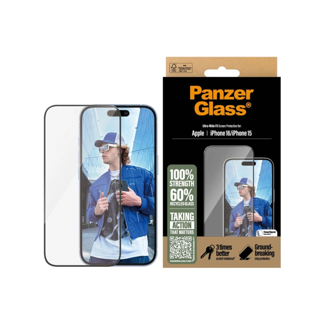 PanzerGlass Ultra-Wide Fit Anti-Bacterial Screenprotector Apple iPhone 16