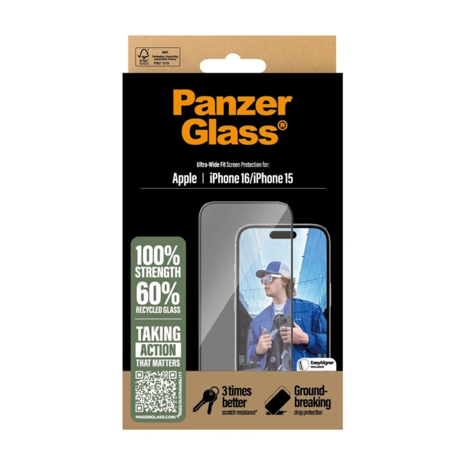 PanzerGlass Ultra-Wide Fit Anti-Bacterial Screenprotector Apple iPhone 16