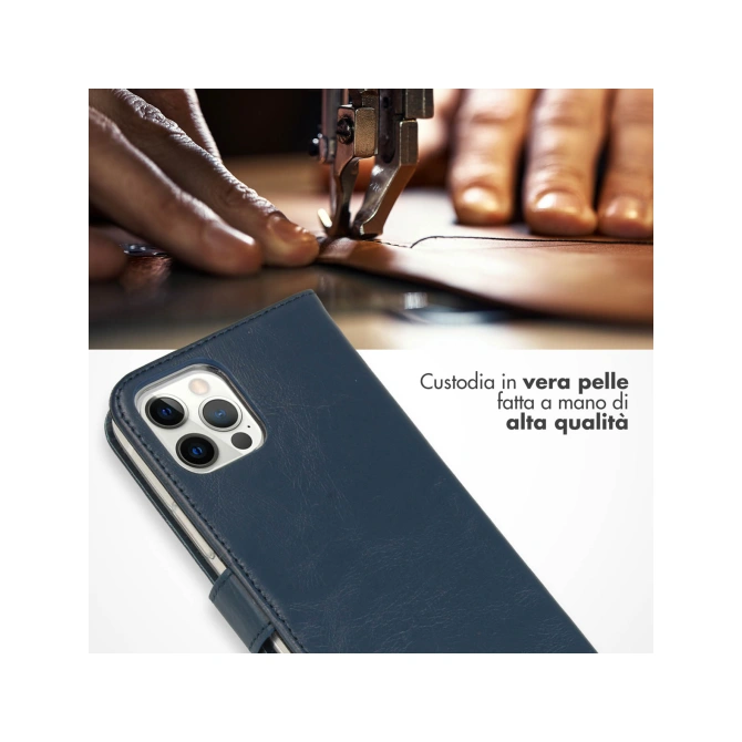Selencia Echt Leren Bookcase Apple iPhone 12 (Pro) - Blauw