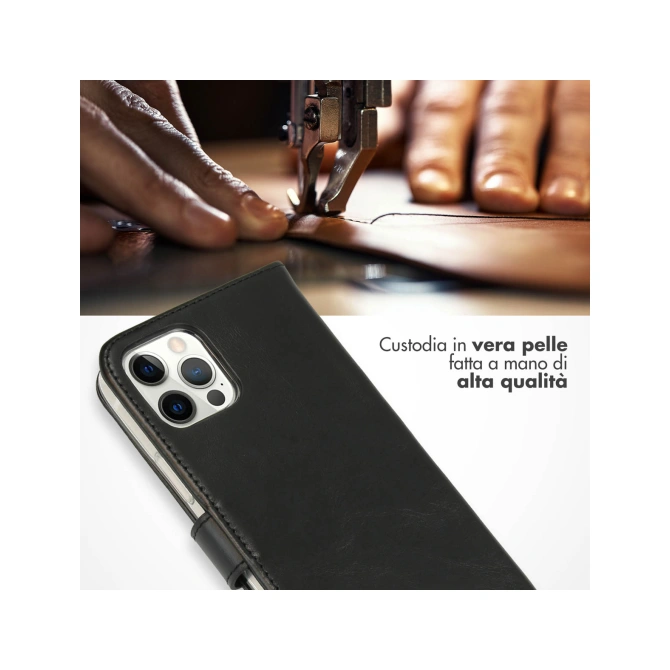 Selencia Echt Leren Bookcase Apple iPhone 12 (Pro) - Zwart