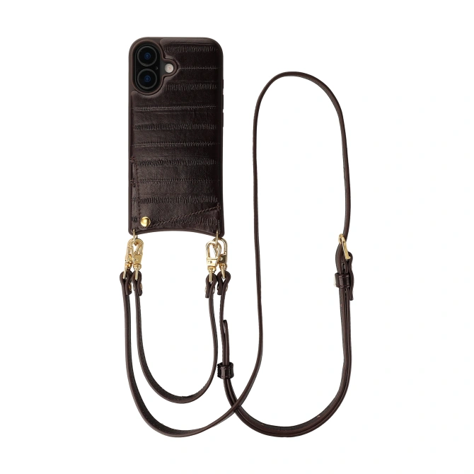 Selencia Nova Real Leather Backcover met Koord en Pashouder Apple iPhone 16 - Dark Chocolate