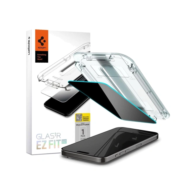 Spigen EZ Fit GLAS.tR met installatietray - Privacy Glass - 1 pack Apple iPhone 15 Pro Max