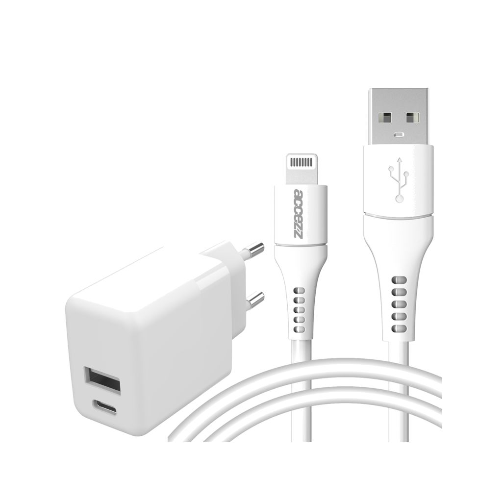 Accezz Wall Charger met Lightning naar USB-A kabel - Oplader - MFi certificering - 20 Watt - 1 meter - Wit