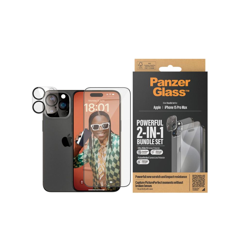 PanzerGlass 2 in 1 pack - Ultra-Wide Fit Anti-Bacterial Screenprotector incl. applicator + Camera Protector Apple iPhone 15 Pro Max