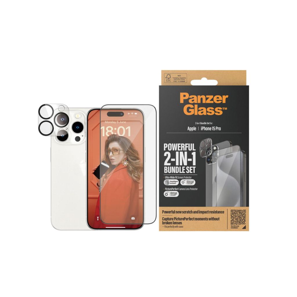 PanzerGlass 2 in 1 pack - Ultra-Wide Fit Anti-Bacterial Screenprotector incl. applicator + Camera Protector Apple iPhone 15 Pro