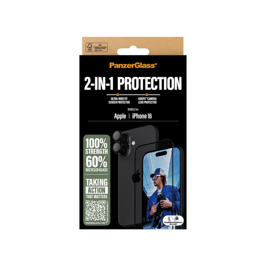 PanzerGlass 2 in 1 pack - Ultra-Wide Fit Anti-Bacterial Screenprotector incl. applicator + Camera Protector Apple iPhone 16