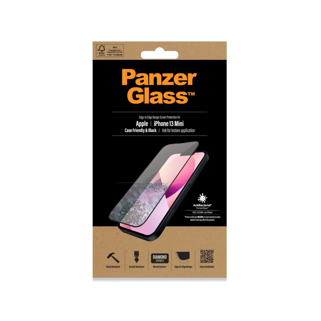 PanzerGlass Anti-Bacterial CaseFriendly Screenprotector Apple iPhone 13 Mini - Zwart