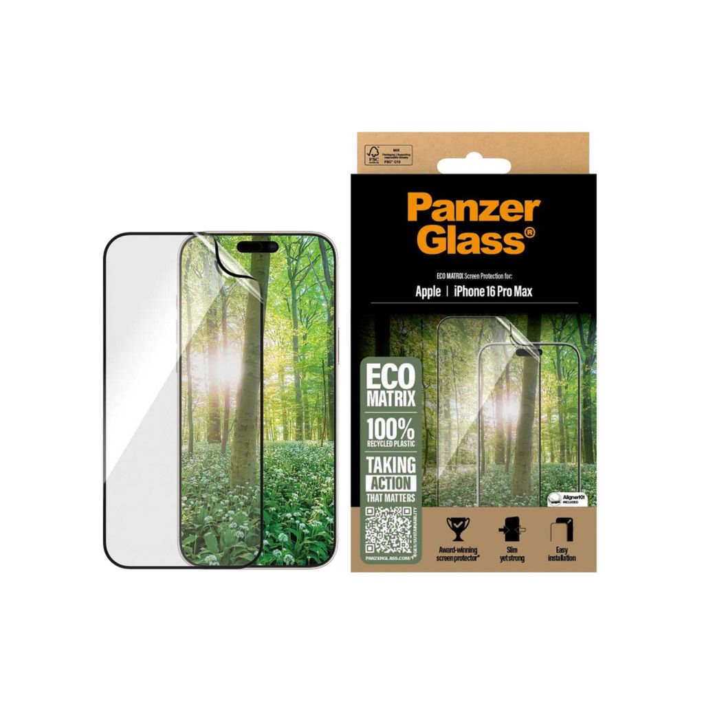 PanzerGlass Matrix Recycled Ultra-Wide Fit Anti-Bacterial Screenprotector incl. applicator Apple iPhone 16 Pro Max