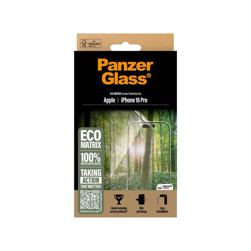 PanzerGlass Matrix Recycled Ultra-Wide Fit Anti-Bacterial Screenprotector incl. applicator Apple iPhone 16 Pro