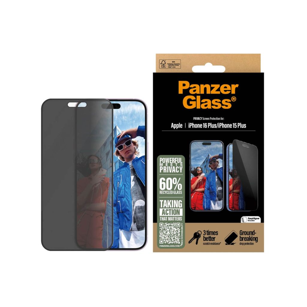 PanzerGlass Privacy Ultra-Wide Fit Anti-Bacterial Screenprotector incl. applicator Apple iPhone 16 Plus