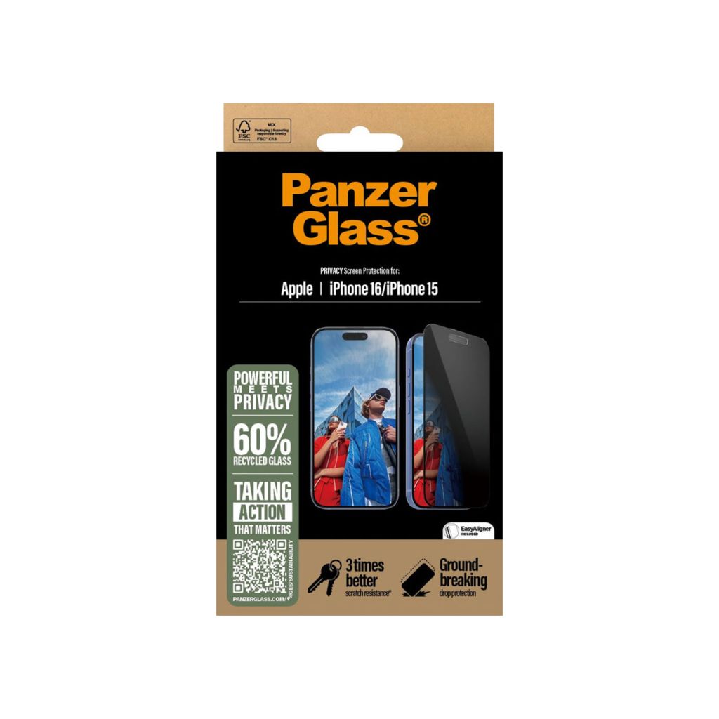 PanzerGlass Privacy Ultra-Wide Fit Anti-Bacterial Screenprotector incl. applicator Apple iPhone 16