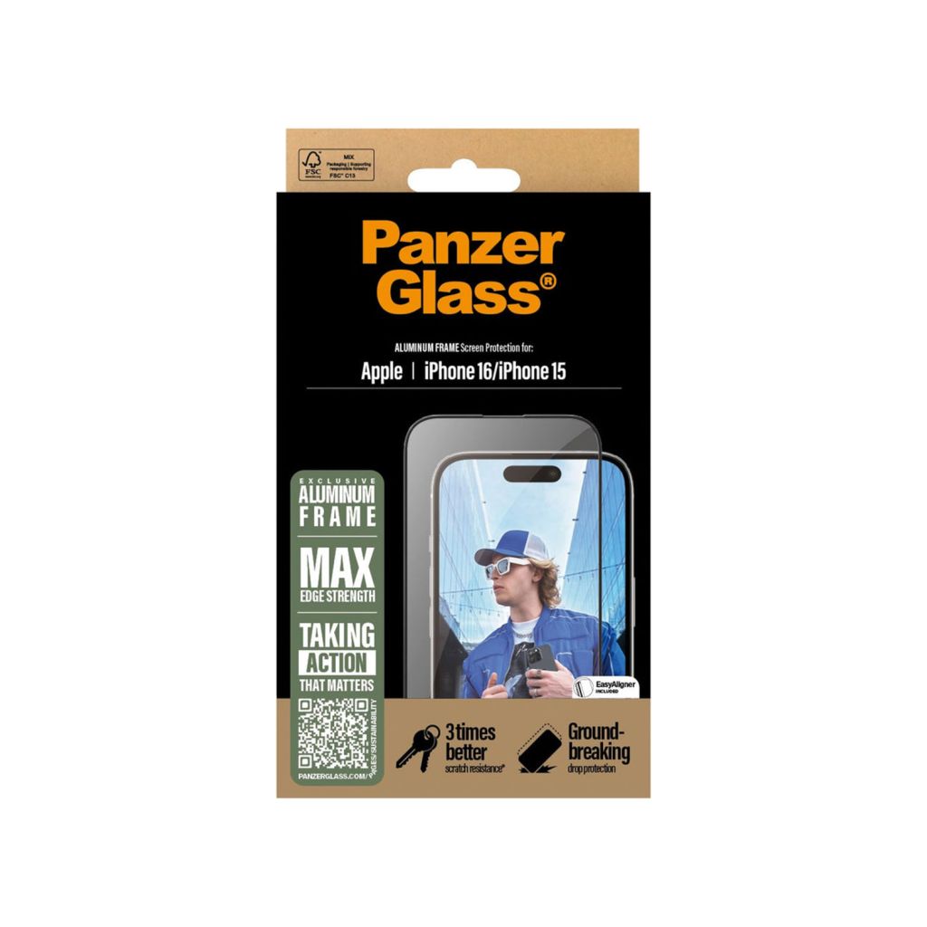 PanzerGlass Screenprotector Aluminium Frame Ultra Wide Fit met applicator Apple iPhone 16
