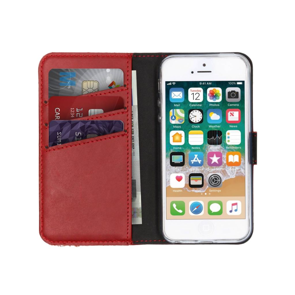 Selencia Echt Lederen Bookcase Apple iPhone SE / 5 / 5s - Rood