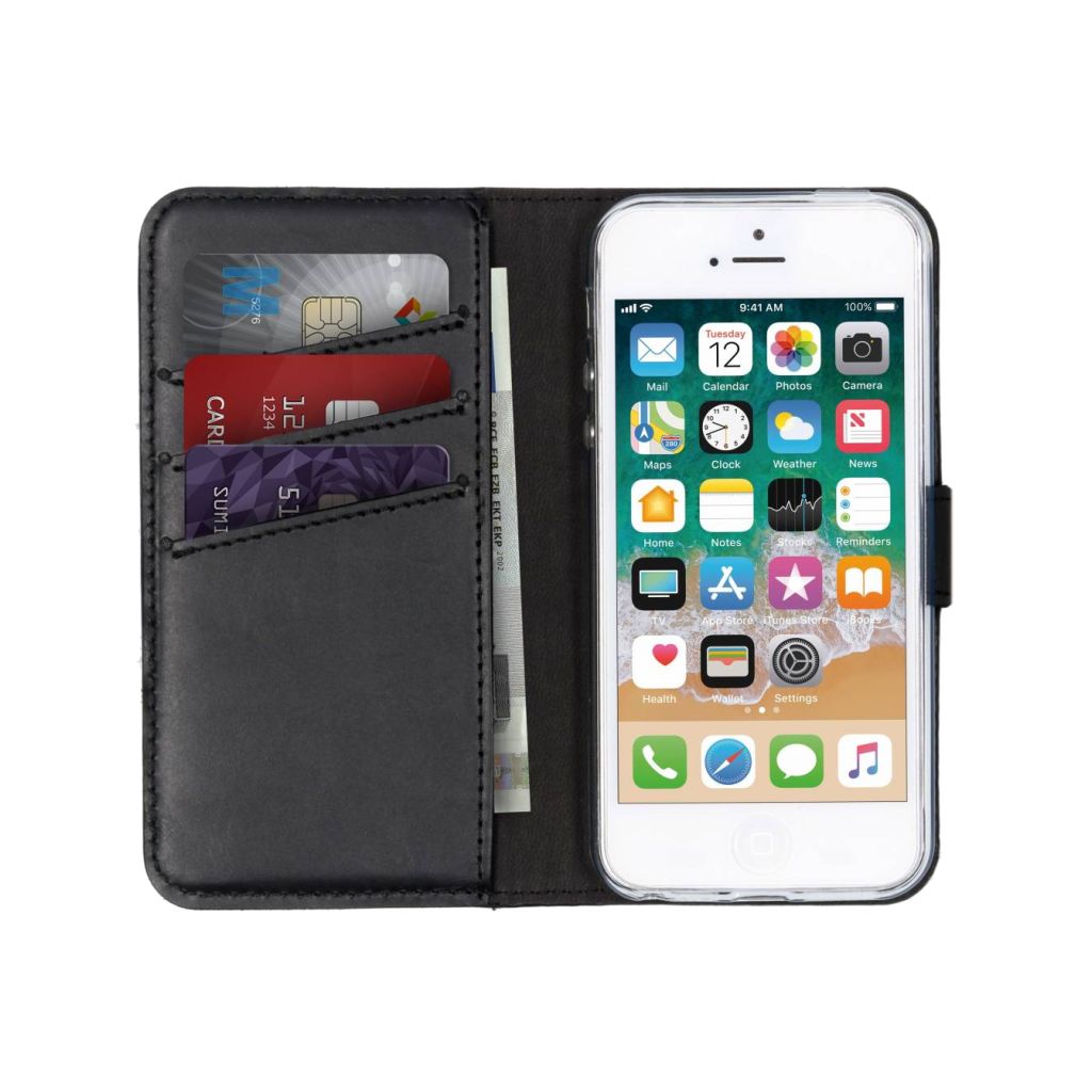 Selencia Echt Lederen Bookcase Apple iPhone SE / 5 / 5s - Zwart